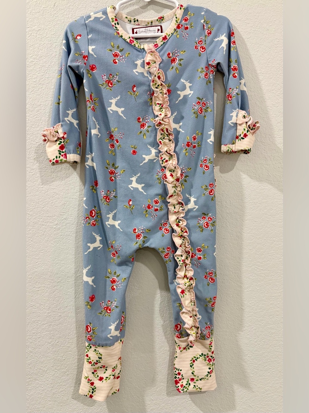 Sweet Honey Blue Pink Floral White Reindeer Ruffle Butt Zip Bamboo Footie 2T